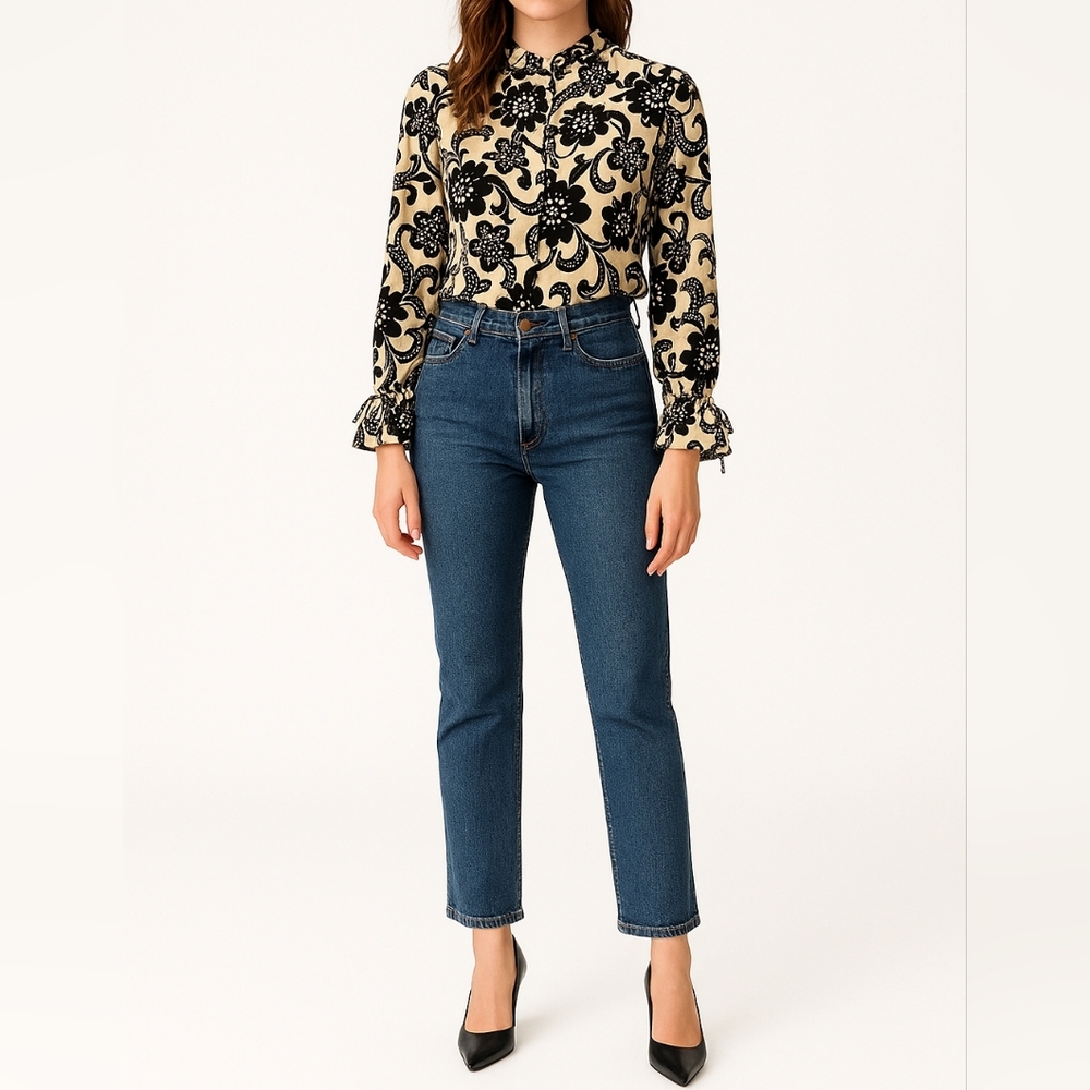 SAG HARBOR Floral Blouse | 14 | Black & Beige | Retro Statement Ruffle Detail